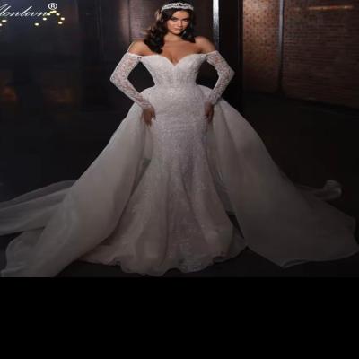 ألونليفن-فستان زفاف فاخر مطرز حورية البحر ، مزين بالخرز ، أكمام دانتيل مكشوفة الكتفين ، فستان زفاف ، 2 في 1