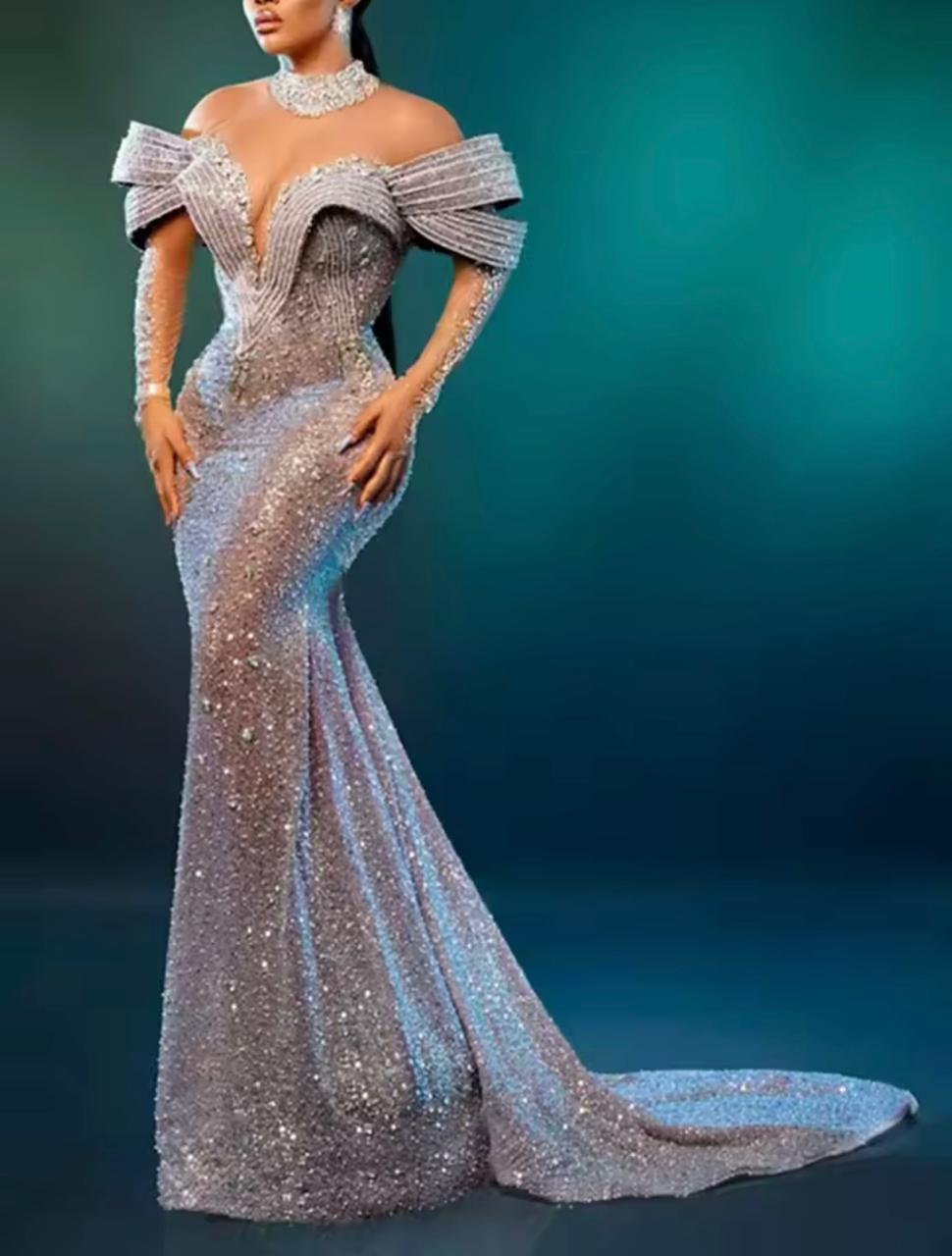 فستان Aso Ebi أنيق بحورية البحر، دانتيل فاخر بأكمام طويلة، رقبة عالية، مزين بأحجار الراين – مثالي لحفلات السهرة والمناسبات الخاصة